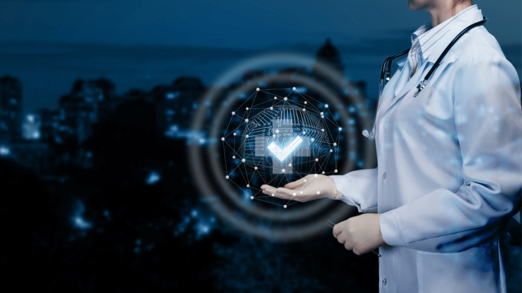 A doctor holds a virtual globe featuring a prominent check mark, symbolizing global health and wellness initiatives.